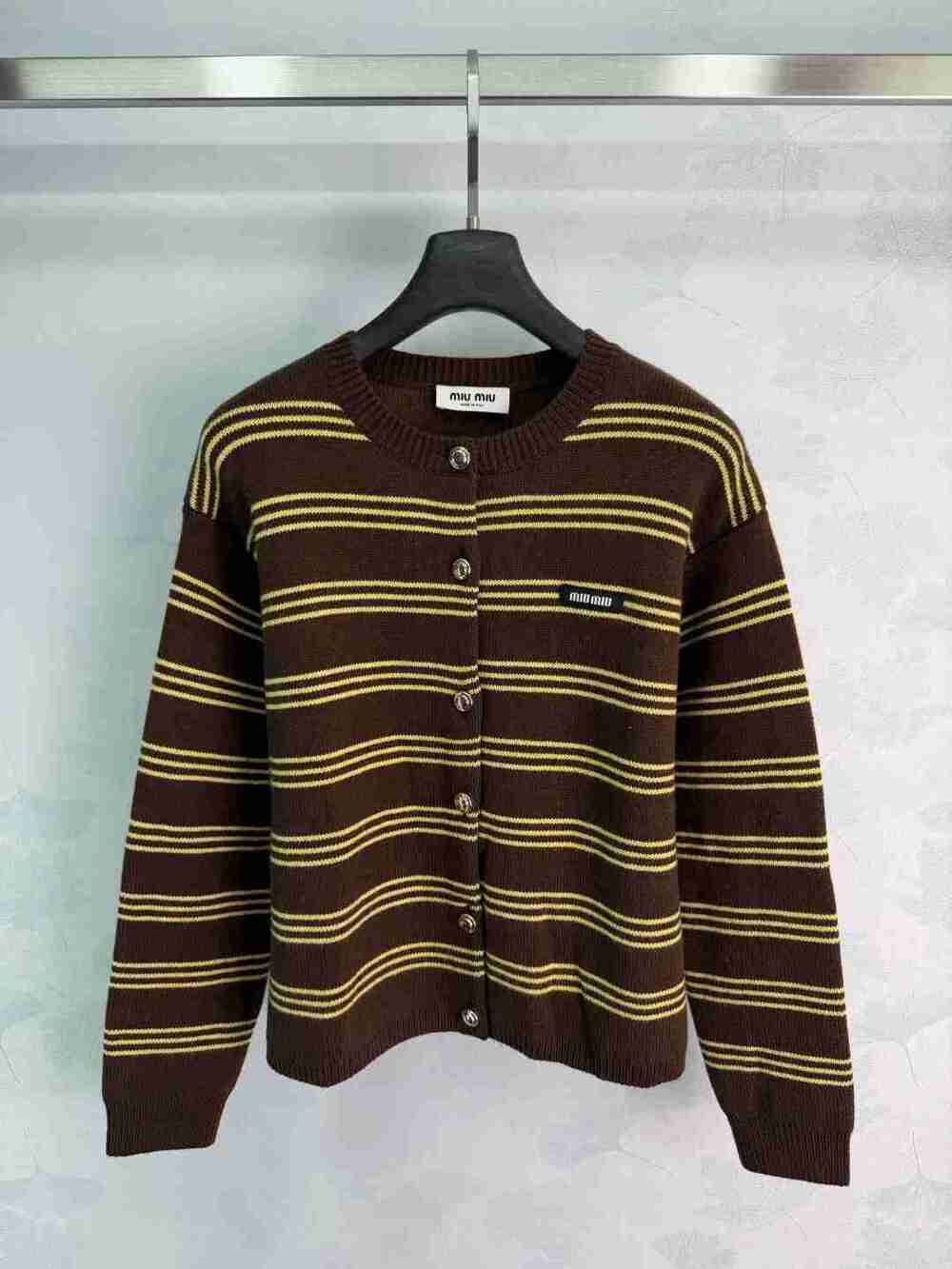 Miu Miu Brown Yellow Stripe Crewneck Knit Cardigan